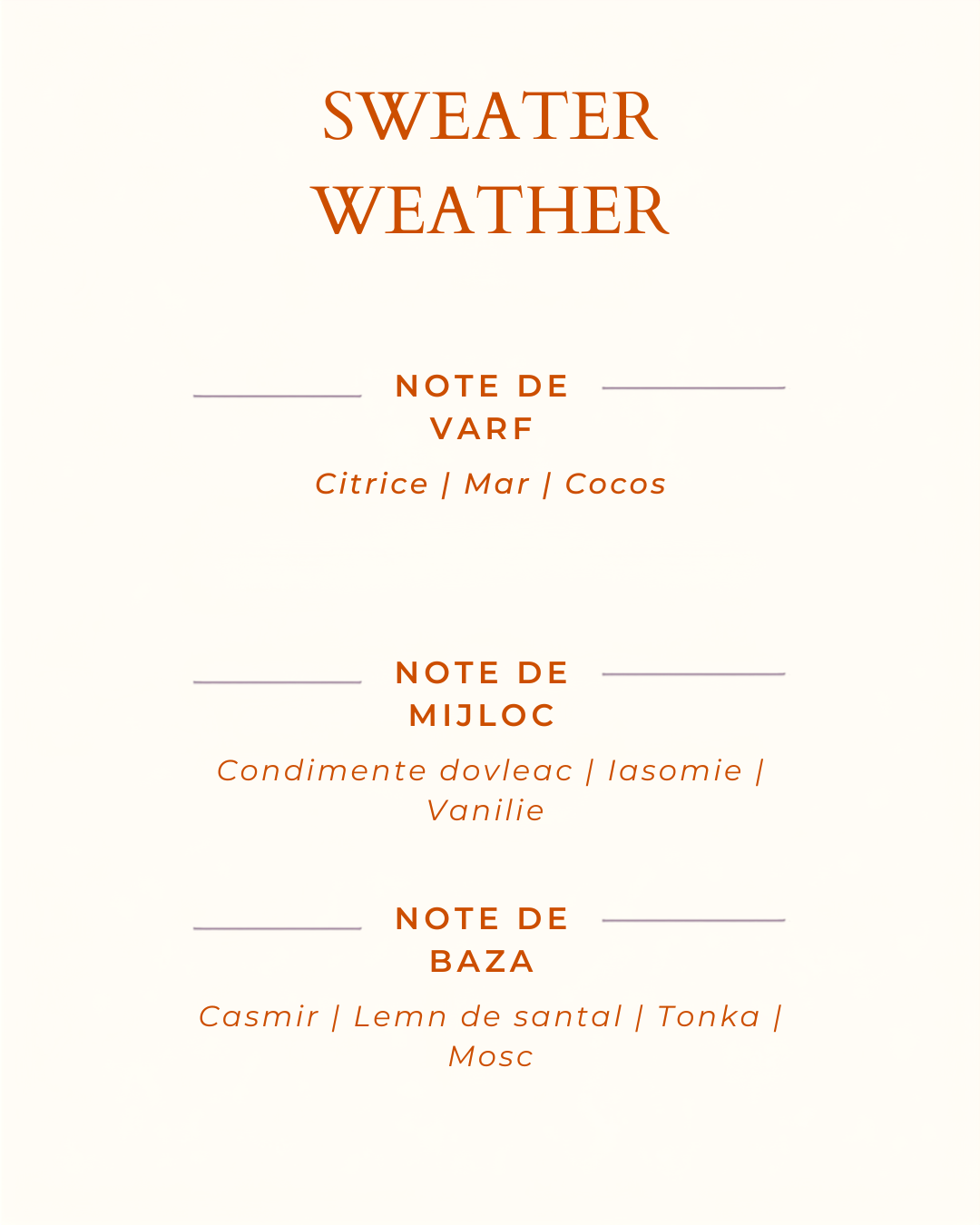 Uleiul parfumat "Sweater weather" (Vreme de plovaras) este un parfum moale si gurmand, ca o imbratisare intr-o zi racoroasa
