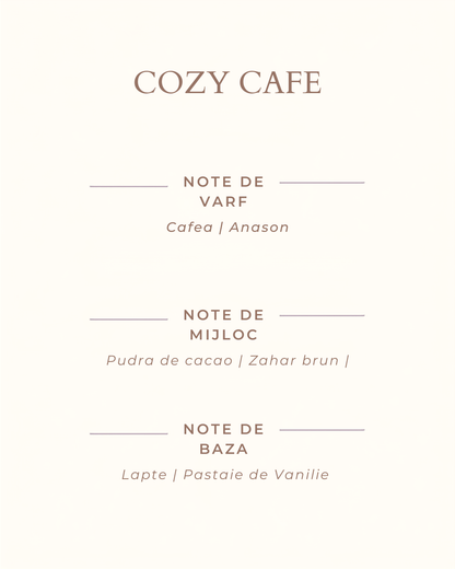 Ulei Parfumat Cozy Café (Cafeneaua ta cozy) este un parfum cremos si imbietor, ca prima cafea de dimineata.  cafea misros de cafea lumanari parfumate